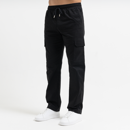 Bee Inspired Rivero Relaxed Cargo Pants in Black, relaxed fit cargo trousers with multiple utility pockets, close-up