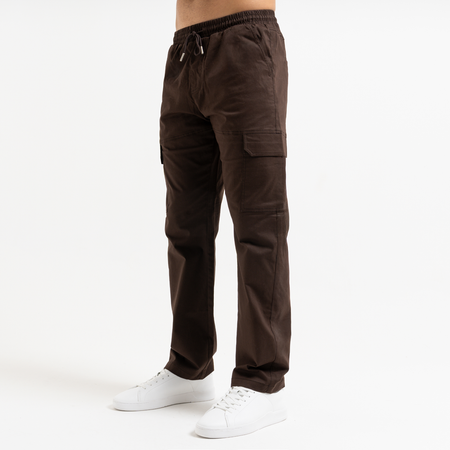 Bee Inspired Rivero Relaxed Cargo Pants in Coffee, relaxed fit cargo trousers with multiple utility pockets, close-up