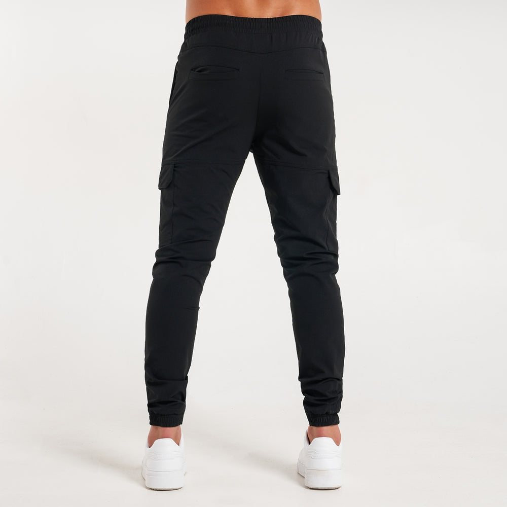 Rivero Tech Cargo Pants in black with a branded drawstring waist