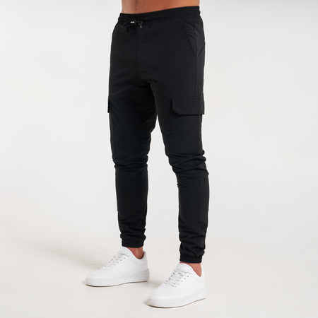 Bee Inspired Rivero Tech Cargo Pants in Black, regular fit tech cargo trousers, close-up