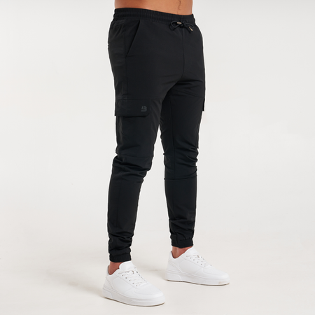 Bee Inspired Rivero Tech Cargo Pants in Black, regular fit tech cargo trousers, styled shot