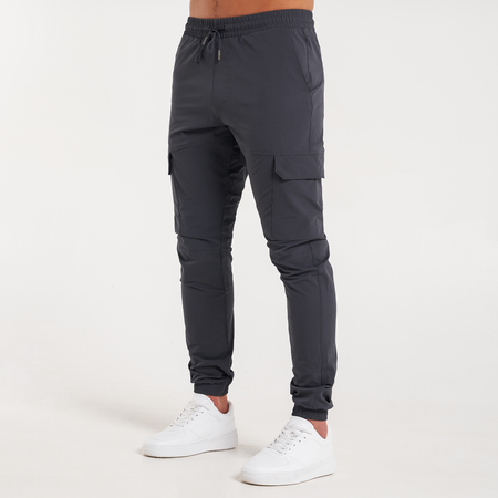 Bee Inspired Rivero Tech Cargo Pants in Charcoal, regular fit tech cargo trousers, close-up