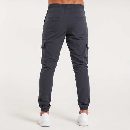 Bee Inspired Rivero Tech Cargo Pants in Charcoal, regular fit tech cargo trousers, close-up