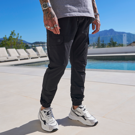 Bee Inspired Rivero Tech Cargo Pants in Black, regular fit tech cargo trousers, front view