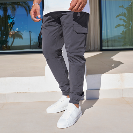 Bee Inspired Rivero Tech Cargo Pants in Charcoal, regular fit tech cargo trousers, front view