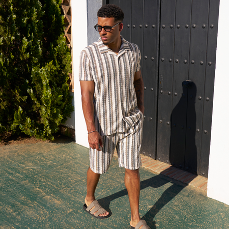 Bee Inspired Rubio Shirt in Off White/Sand/Grey, short sleeve shirt with a classic camp collar, styled shot