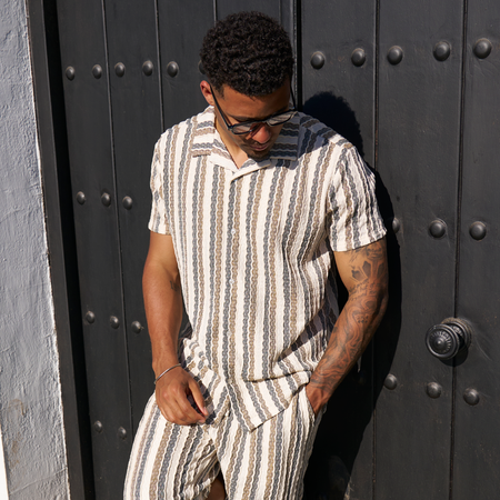Bee Inspired Rubio Shirt in Off White/Sand/Grey, short sleeve shirt with a classic camp collar, front view
