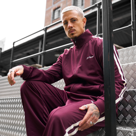 Bee Inspired Sanchez Track Top in Burgundy, track top blending sporting heritage with modern minimalism, close-up
