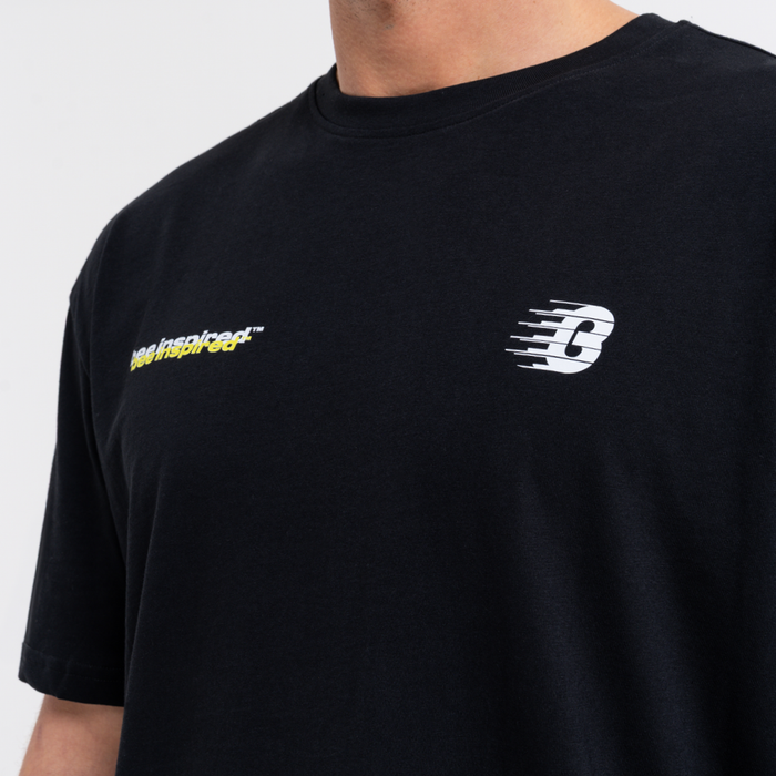 Black t-shirt with logos on a plain background