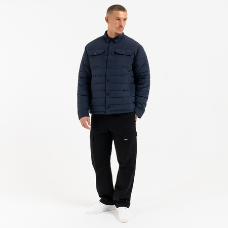 Bee Inspired Siegrist Jacket in Navy, collared padded jacket with a snap fastener closure, styled shot