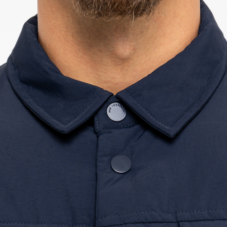 Bee Inspired Siegrist Jacket in Navy, collared padded jacket with a snap fastener closure, back view
