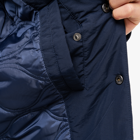 Bee Inspired Siegrist Jacket in Navy, collared padded jacket with a snap fastener closure, styled shot