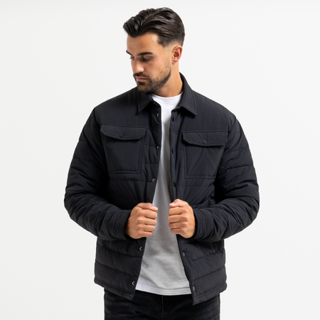 Bee Inspired Siegrist Jacket in Black, collared padded jacket with a snap fastener closure, front view