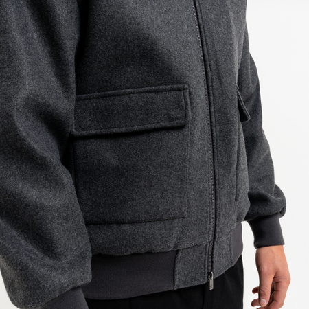 Bee Inspired Sibbick Bomber Jacket in Charcoal, bomber jacket with a two-way front zip, close-up