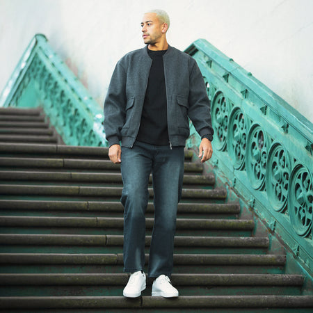 Bee Inspired Sibbick Bomber Jacket in Charcoal, bomber jacket with a two-way front zip, styled lifestyle shot