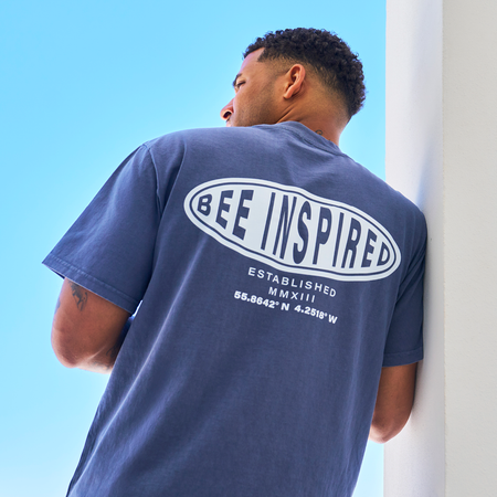 Bee Inspired Silva Oversized T-Shirt in Faded Indigo, oversized graphic tee with a classic crew neckline, back view