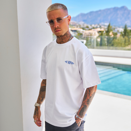Bee Inspired Silva Oversized T-Shirt in White/Blue, oversized graphic tee with a classic crew neckline, close-up