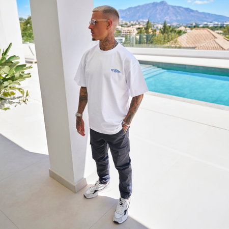 Bee Inspired Silva Oversized T-Shirt in White/Blue, oversized graphic tee with a classic crew neckline, styled shot