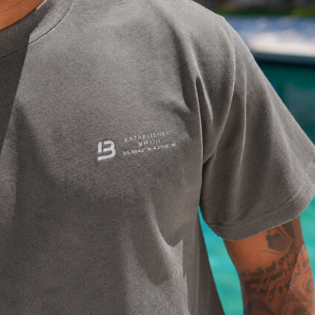 Bee Inspired Simms Oversized T-Shirt in Faded Storm, heavyweight cotton oversized tee with a streetwear edge, close-up