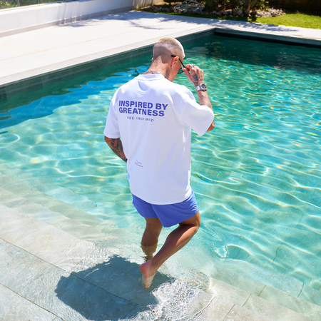 Bee Inspired Simms Swim Shorts in Blue, lightweight swim shorts with a quick-dry, summer-ready fit, close-up