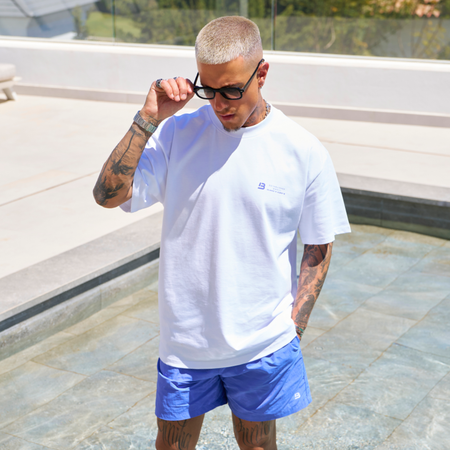 Bee Inspired Simms Swim Shorts in Blue, lightweight swim shorts with a quick-dry, summer-ready fit, back view