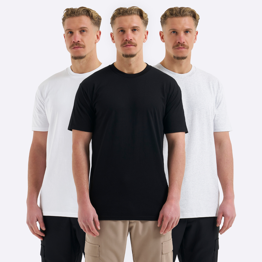Bee Inspired Slim Fit Triple Pack in Black/White/White Heather, triple pack of slim fit tees for everyday comfort, front view