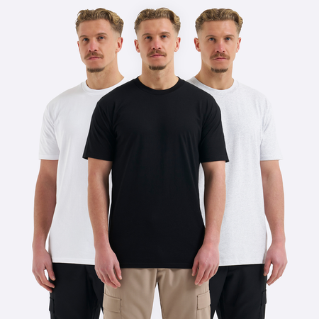 Bee Inspired Slim Fit Triple Pack in Black/White/White Heather, triple pack of slim fit tees for everyday comfort, front view