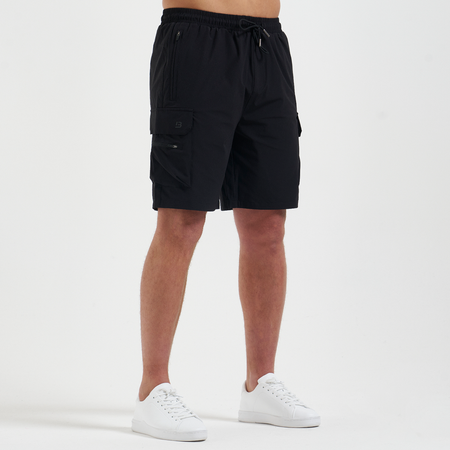 Bee Inspired Soriano Cargo Short in Black, regular fit cargo shorts with utility pockets and a toggle waistband, styled shot