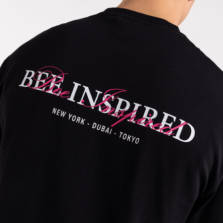 Bee Inspired Stach Long Sleeve T-Shirt in Black/Pink, long sleeve tee with a print on the chest and back, front view