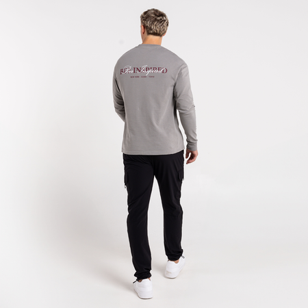 Bee Inspired Stach Long Sleeve T-Shirt in Grey, long sleeve tee with a print on the chest and back, close-up