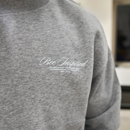 Bee Inspired Team Crew in Athletic Grey, relaxed fit crew sweatshirt in premium brushed fleece, close-up