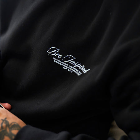 Bee Inspired Team Crew in Black, relaxed fit crew sweatshirt in premium brushed fleece, close-up