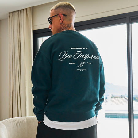 Bee Inspired Team Crew in Pine Green, relaxed fit crew sweatshirt in premium brushed fleece, styled shot