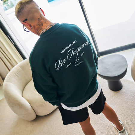 Bee Inspired Team Crew in Pine Green, relaxed fit crew sweatshirt in premium brushed fleece, front view