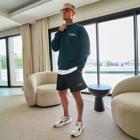 Bee Inspired Team Crew in Pine Green, relaxed fit crew sweatshirt in premium brushed fleece, close-up