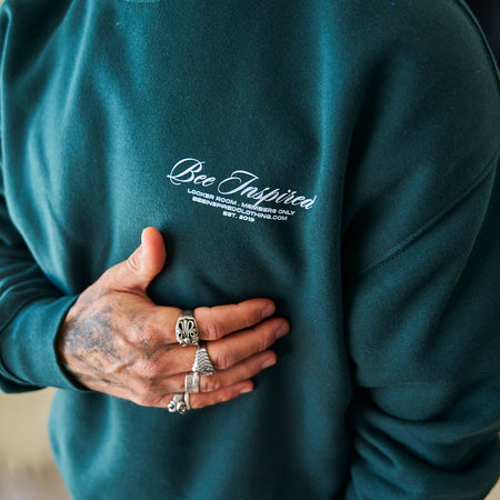 Bee Inspired Team Crew in Pine Green, relaxed fit crew sweatshirt in premium brushed fleece, back view