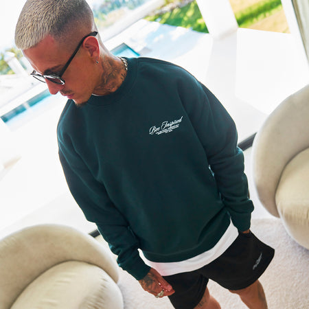 Bee Inspired Team Crew in Pine Green, relaxed fit crew sweatshirt in premium brushed fleece, front view