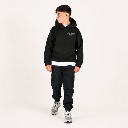 Bee Inspired Junior Team Hoodie in Black, heavyweight cotton junior hoodie with dropped shoulders, close-up