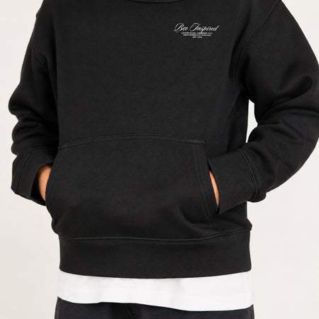 Bee Inspired Junior Team Hoodie in Black, heavyweight cotton junior hoodie with dropped shoulders, alternate angle