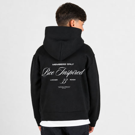 Bee Inspired Junior Team Hoodie in Black, heavyweight cotton junior hoodie with dropped shoulders, front view