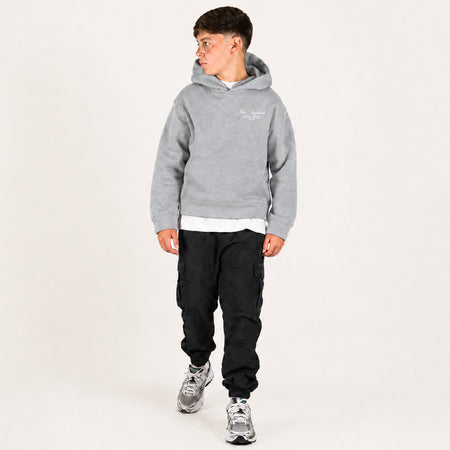 Bee Inspired Junior Team Hoodie in Grey, heavyweight cotton junior hoodie with dropped shoulders, styled shot