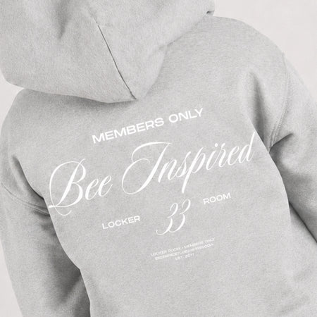 Bee Inspired Junior Team Hoodie in Grey, heavyweight cotton junior hoodie with dropped shoulders, close-up