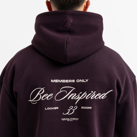 Bee Inspired Team Hoodie in Plum, hoodie in soft fleece fabric with embroidered and printed graphics, back view