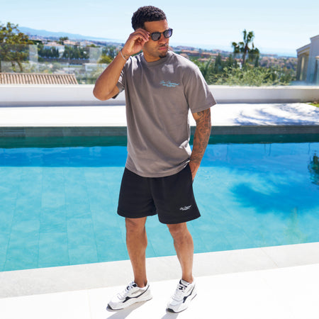Bee Inspired Team Oversized T-Shirt in Faded Grey/Blue, heavyweight cotton oversized tee with dropped shoulders, close-up