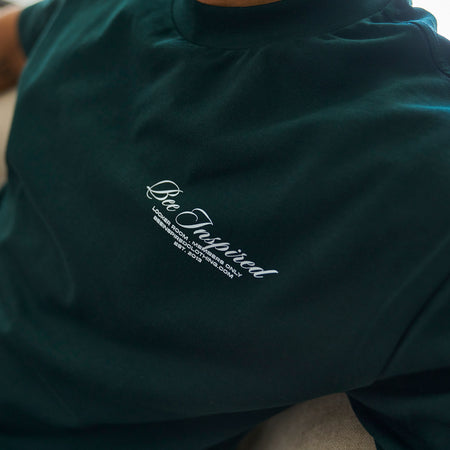 Bee Inspired Team Oversized T-Shirt in Pine Green, heavyweight cotton oversized tee with dropped shoulders, close-up