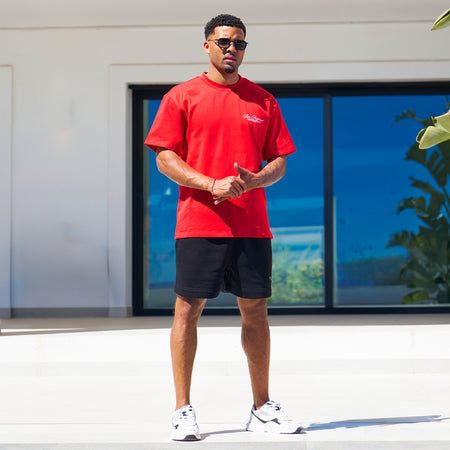 Bee Inspired Team Oversized T-Shirt in Red, heavyweight cotton oversized tee with dropped shoulders, styled shot