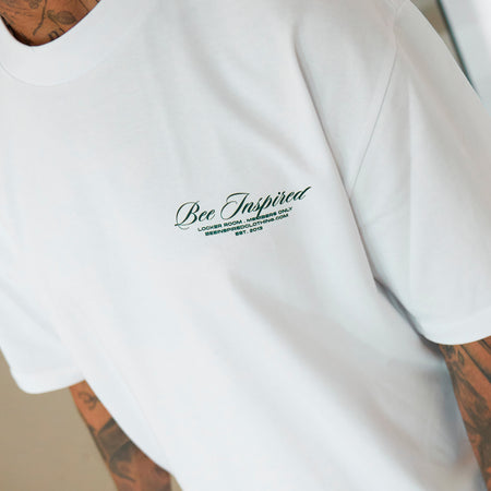 Bee Inspired Team Oversized T-Shirt in White/Green, heavyweight cotton oversized tee with dropped shoulders, alternate angle