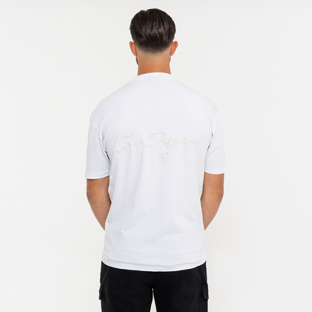 Bee Inspired Team T-Shirt in White, tee with mixed embroidery and print graphic detailing, close-up