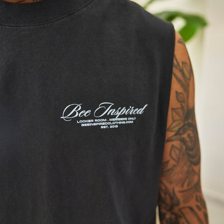 Bee Inspired Team Vest in Faded Black, heavyweight cotton vest with raw armhole detailing, back view