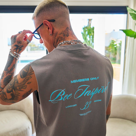 Bee Inspired Team Vest in Faded Grey, heavyweight cotton vest with raw armhole detailing, back view